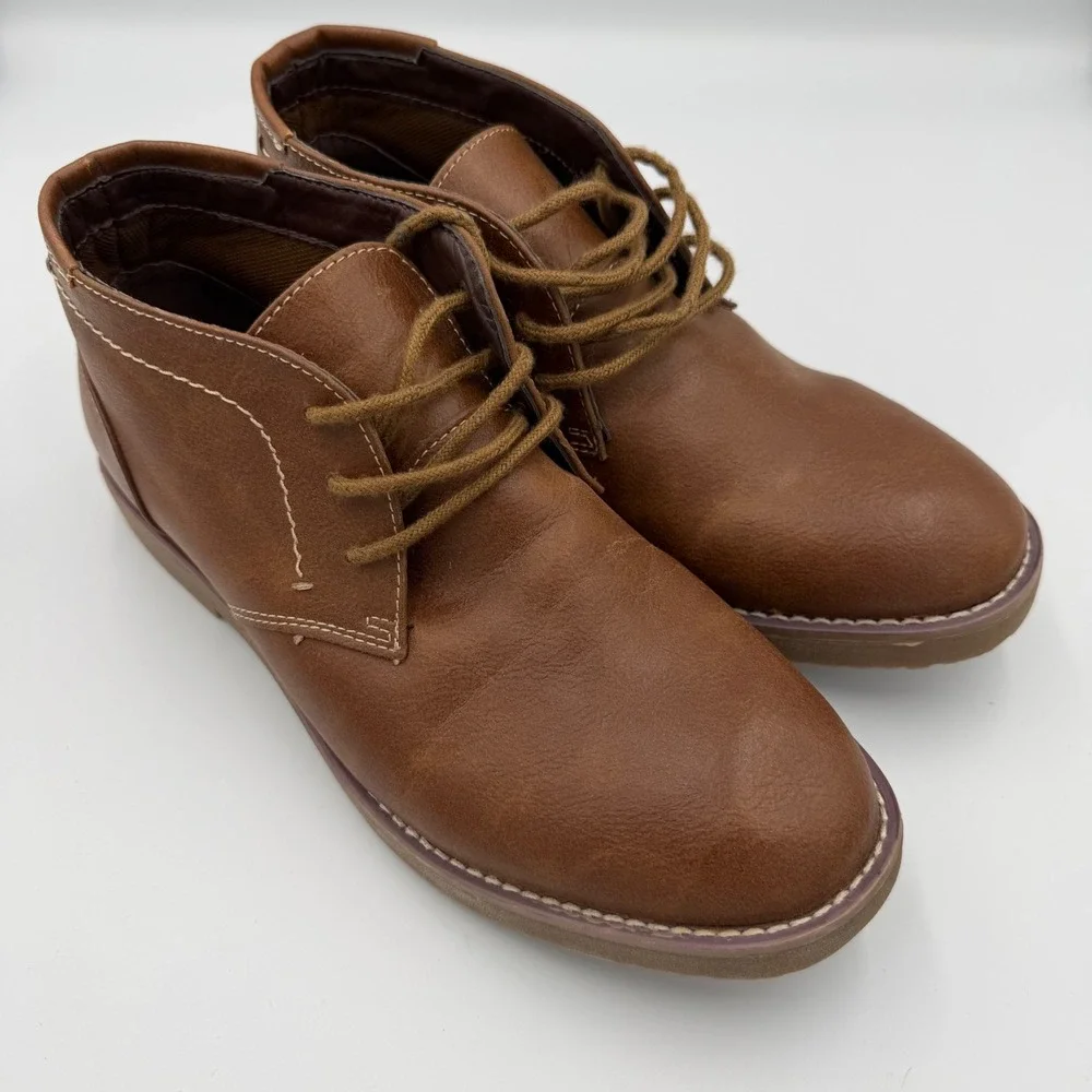 Attention Mens Brown Faux Leather Chukka Boots Size 7.5 Tan Lace Up Desert Shoes